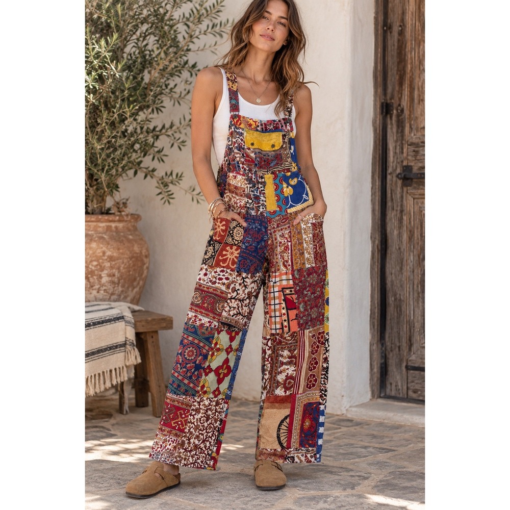 Sacred Threads Patchwork Overalls XL Cotton Boho Wide Leg Multi Color Festival